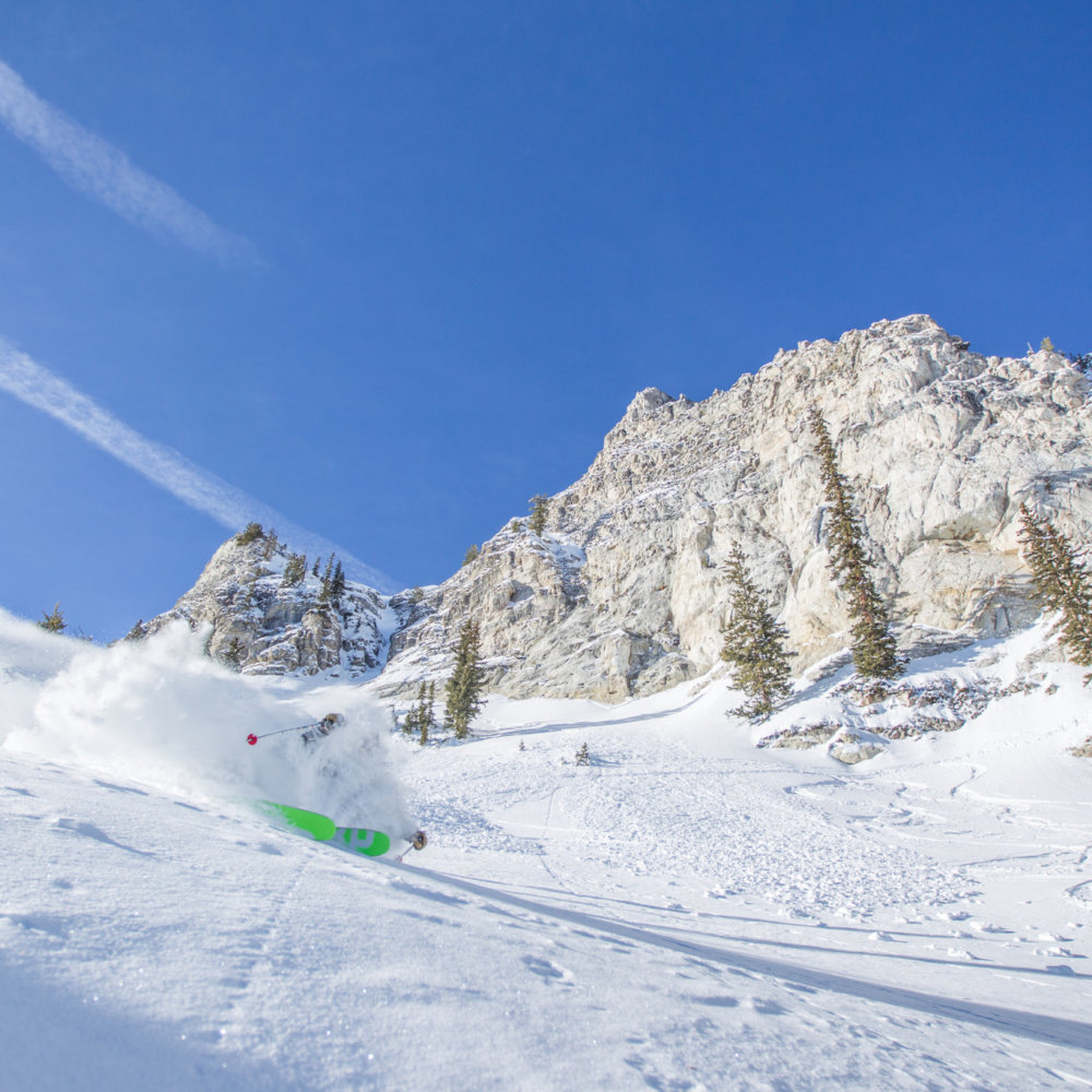 Skier in Honeycomb Canyon on a bluebird powder day
